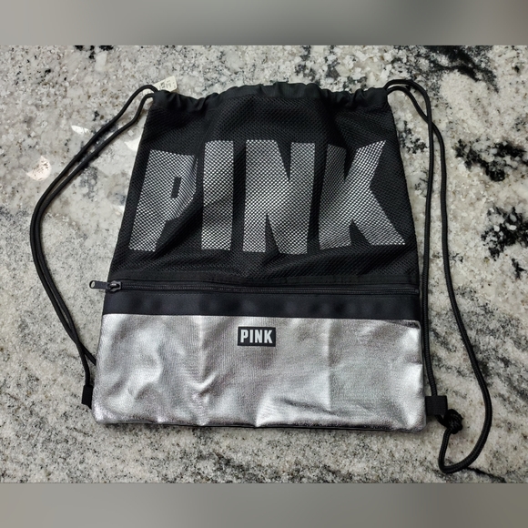 Victorias Secret PINK Drawstring Backpack Black & Silver. NEW! - Picture 1 of 4